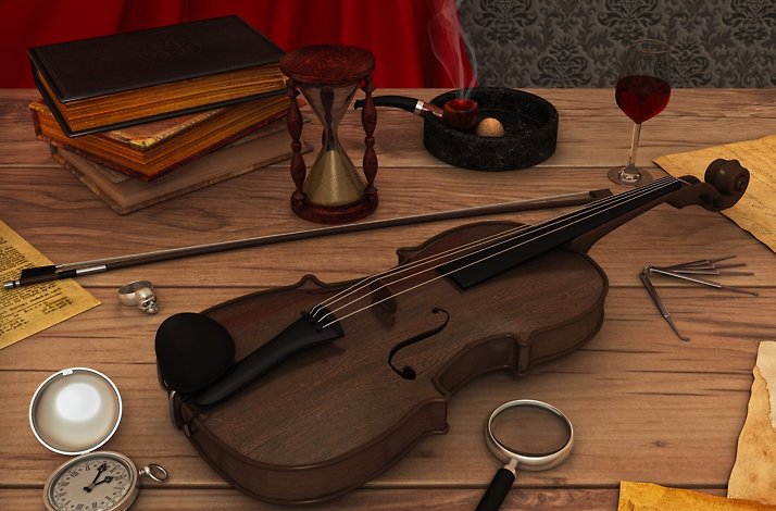 Sherlock Holmes` distinctive attributes on the table, including magnifier, violin and smoking pipe.