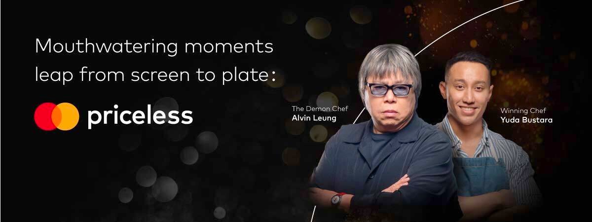 The Demon Chef Alvin Leung and Winning Chef Yuda Bustara and text 'Mouthwatering moments leap from screen to plate: priceless'
