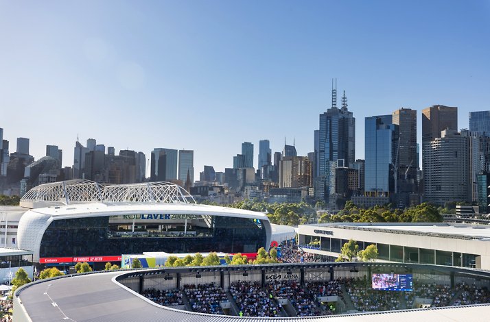 Aerial view of a sunny day at Melbourne Park, overlooking the tall buildings in the background.