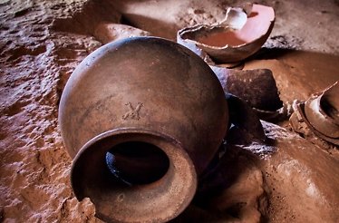 Broken clay vase in Actun Tunichil Muknal Cave, Belize.
