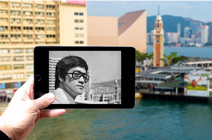 Movie still depicting Bruce Lee placed at the same location where the scene was shot in Hong Kong.