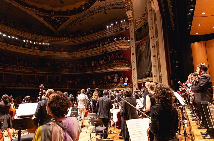 Symphony orchestra perform view from an exclusive VIP spot on the stage of Theatro Municipal.