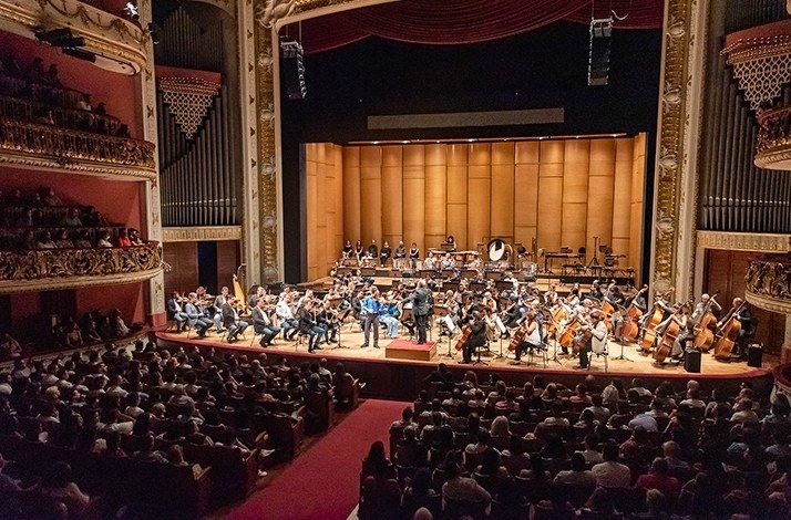 View from the reserved terrace of the symphony orchestra performing.