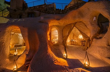 Candlelit cave adapted for holding dinners near Taskonaklar Hotel, Cappadocia.