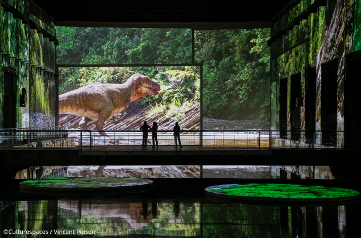 Silhouetted visitors watching a T-Rex digital projection filling the walls of Bassins des Lumières. ©Culturespaces / Vincent Pinson
