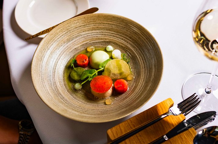 Overhead view of an artfully plated fine dining course by chef Arturo Dalhuisen, served in a handcrafted ceramic bowl.
