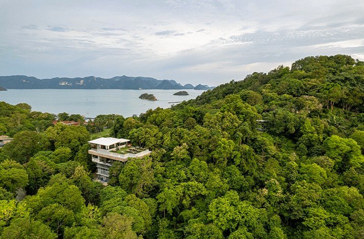 Aerial view of Ambong Resort with luscious trees and rainforest.