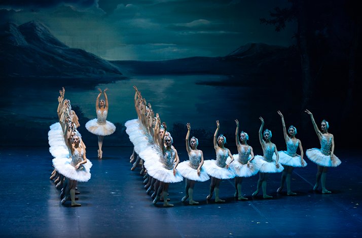 Ballerinas perform in sync with Swan Lake.