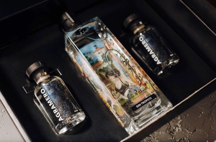 Promotional photo of three House of Spirits Gin bottles in a black case. Bottles on the side are branded as Agramero.