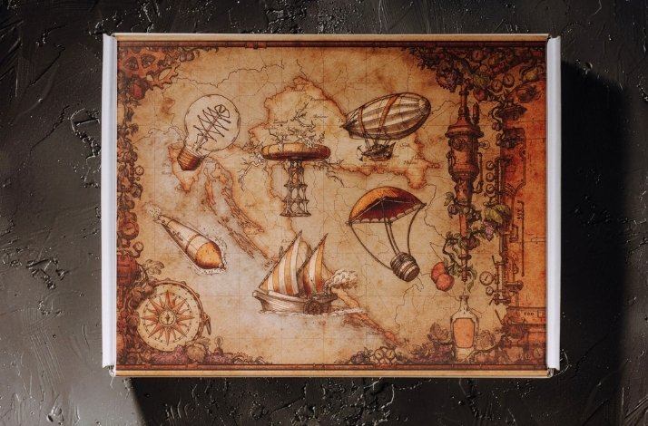 View from the top of a map of Croatia with Steampunk elements and art style on a box.
