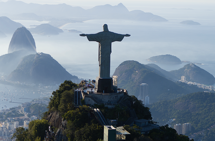 View of the Christ the Redeemer, statue of Jesus overlooking Rio de Janeiro Brazil.