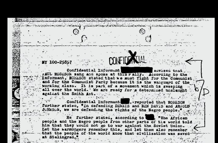 A black-and-white, heavily redacted FBI surveillance document detailing activist Paul Robeson's speeches.