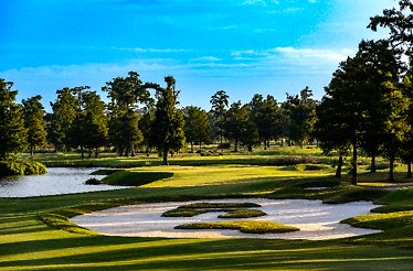 A golf course at TPC featuring a lake, surrounded by trees, under a clear blue sky.
