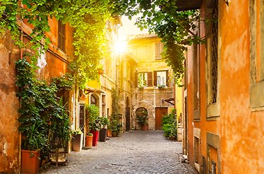 The old street in Trastevere, Italy, on a sunny day.