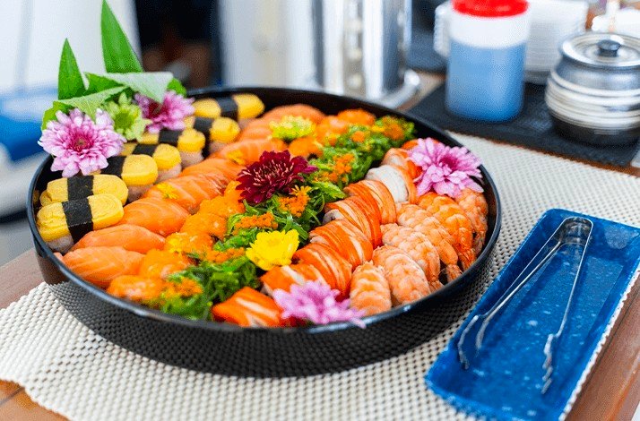 A beautifully arranged tray of assorted sushi served at one of the restaurants at James Bond island
