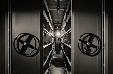 Chef is shining a flashlight at sliding movable shelves of exceptional wines housed in the cool, wood-scented vault at PM & Vänner Restaurant.
