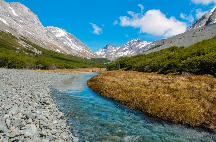  A serene river flows through a lush valley, bordered by majestic mountains under a clear blue sky in Chile.