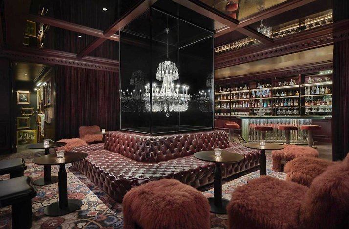 Luxurious interior of the bar at Kimpton Qiantan Hotel.
