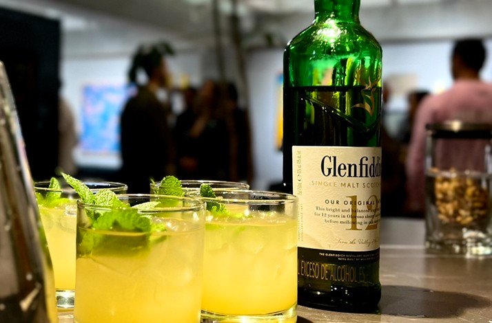 Pisco sour glasses and a bottle of glenfiddich 12 at Zehn Living.