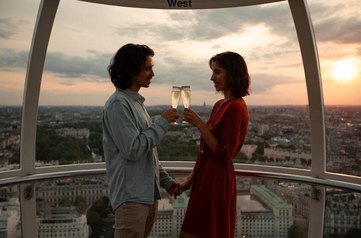 A bird eye view of the couple standing by the panoramic view of London.