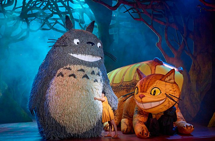 Giant Totoro and Catbus puppets on stage in My Neighbour Totoro, performed at an LW Theatre in London's West End.