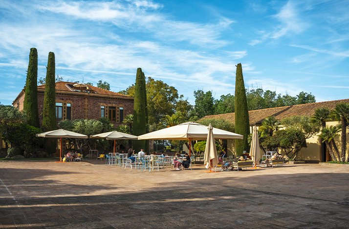 Summer veranda with umbrellas for visitors at Sella & Mosca winery.