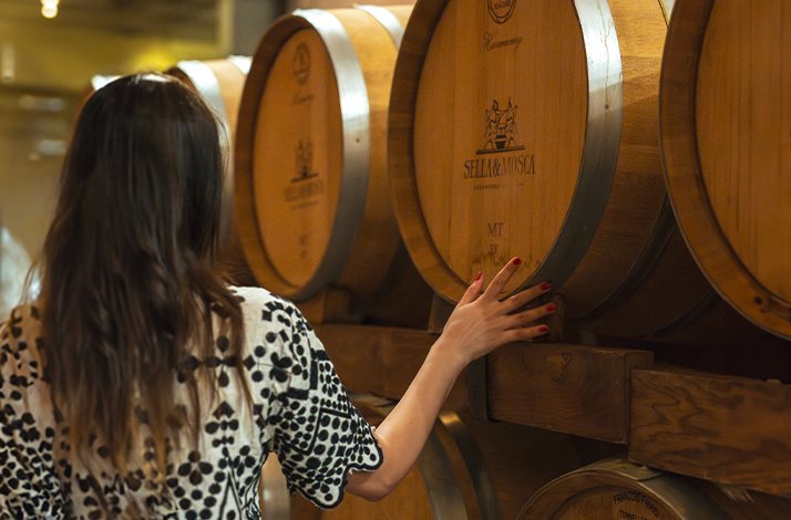 A girl examines barrels with the logo at Sella & Mosca winery.