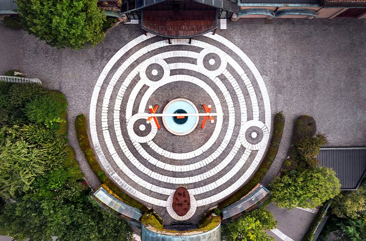 An aerial view of the entrance to the Cantina Bellavista winery in Franciacorta