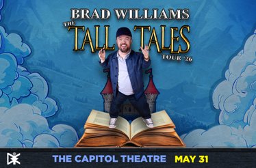 Promotional banner for Brad Williams The Tall Tales Tour.