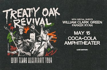 Promotional banner for Treaty Oak Revival - West Texas Degenerate Tour.