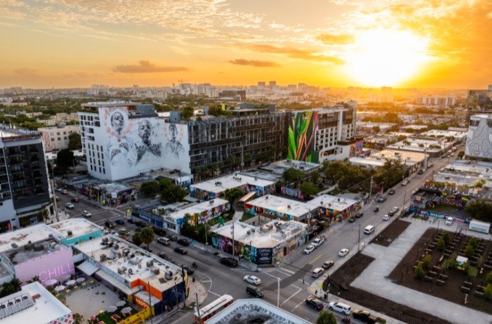 Wynwood Walls Art Bar during sunset hours from bird-eye view