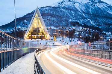 View on Arctic Cathedral and its iconic stained-glass mosaic.