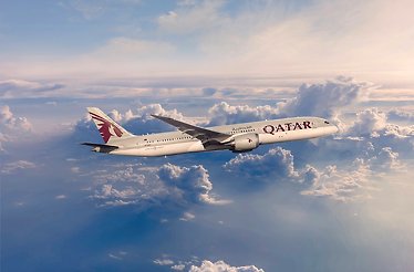 Qatar Airways aircraft flying above the clouds