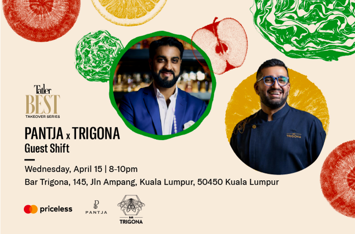 Event poster for the Pantja x Trigona guest shift featuring two individuals and colourful fruit illustrations.