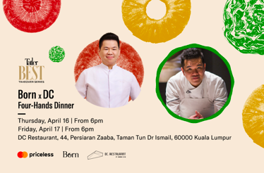 Promotional poster for Born x DC Four-Hands Dinner event at DC Restaurant, Kuala Lumpur.