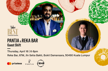 Event poster for the Pantja x RekaBar guest shift featuring two individuals and colourful fruit illustrations.