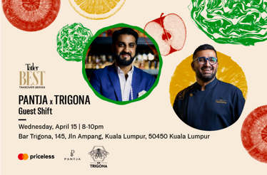 Event poster for the Pantja x Trigona guest shift featuring two individuals and colourful fruit illustrations.
