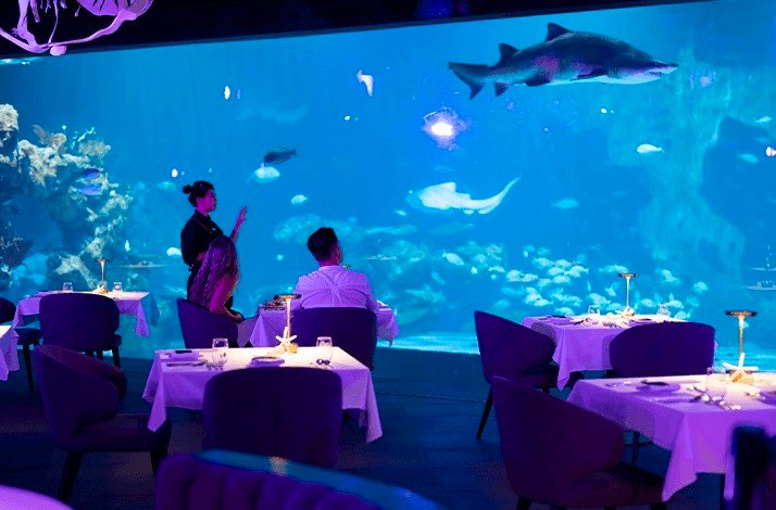 Interior of Su Va Na, Asia's largest underwater restaurant, featuring a large aquarium in the background with 360-degree views of majestic marine life, creating a unique dining atmosphere.