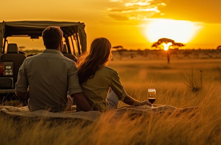 A couple enjoy the sunset while sitting in a field in Kruger National Park next to a car.