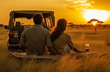 A couple enjoy the sunset while sitting in a field in Kruger National Park next to a car.