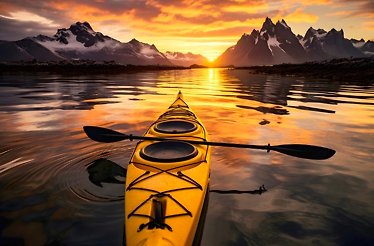 A yellow kayak floats on still water at sunset, surrounded by snow-covered mountains and glowing orange skies