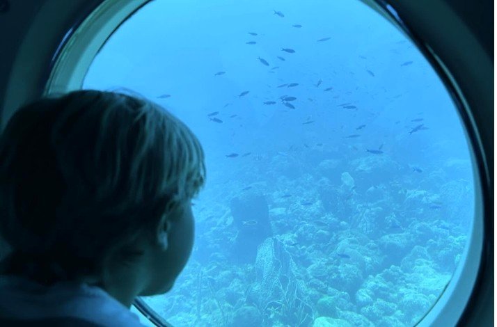 A child gazes out of the submarine’s porthole, captivated by a view of the coral reef and small fish drifting by