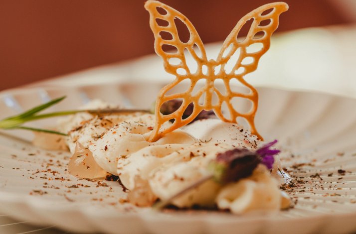 Close shot of a beautifully plated dessert featuring a delicate butterfly-shaped garnish.