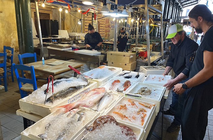 Fresh seafood on display at a market.