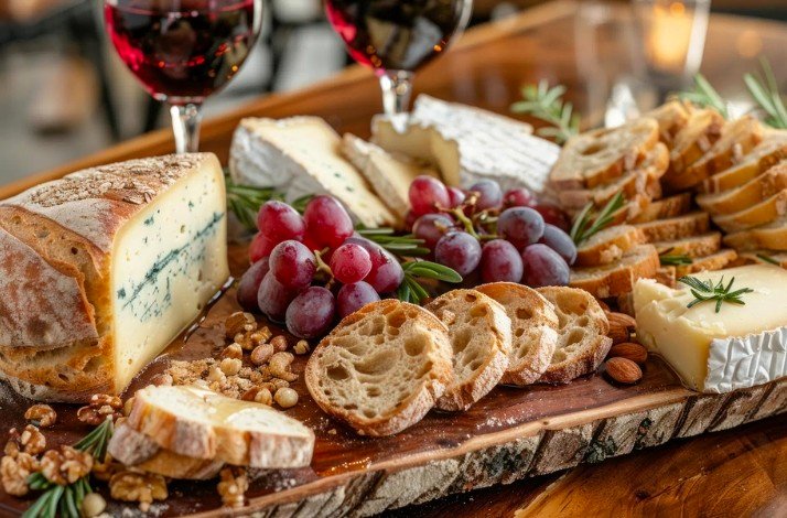 Cheese and bread platter with grapes and nuts served during the cruise along the Paraná River.