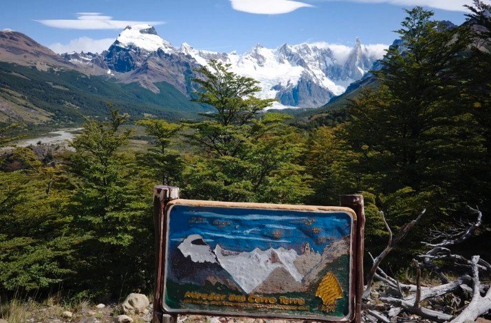 A welcome sign at the bottom of the Cerro Torre mountain in Patagonia