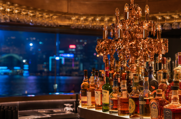 Bar area of Qura Bar, an upscale establishment located on the Lobby Floor of the Regent Hong Kong.