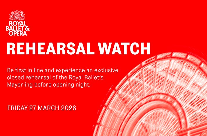 Promotional banner for Royal Ballet’s Mayerling rehearsal watch event on 27 March 2026.