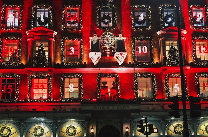 Exterior of Fortnum & Mason department store in London Decorated for Christmas