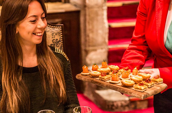 A plate of sweet and savoury bites served to a woman attending a one-off wine-tasting event at Fortnum & Mason.